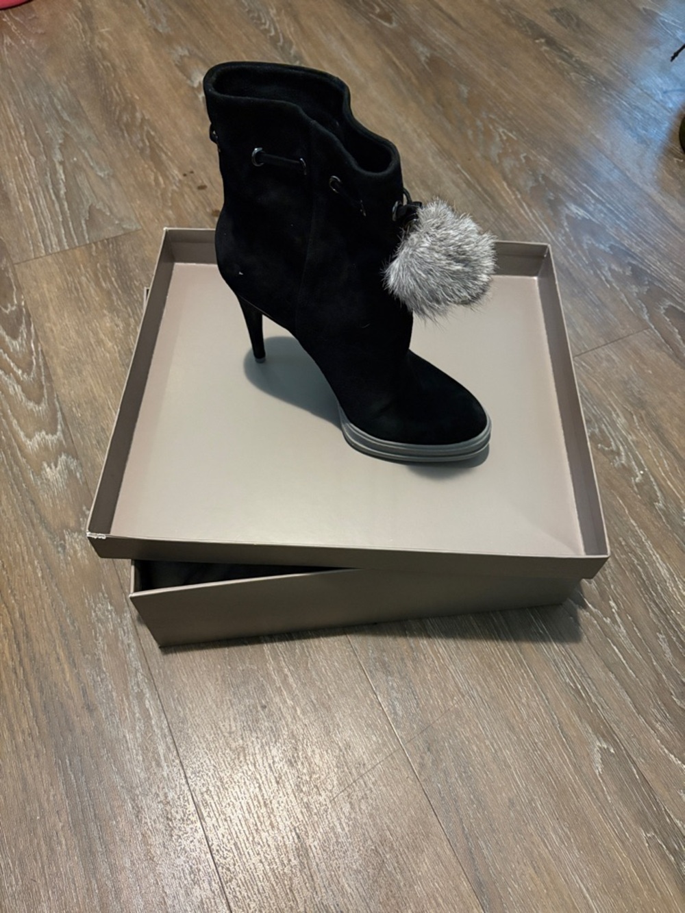 BCBGMaxAzria Black Suede High Heel Ankle Boot with Gray Fur Pom